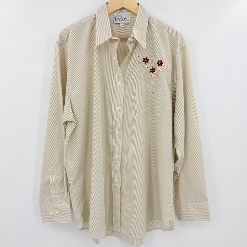 Las Olas Tan Striped Floral Embroidered Button Down Shirt XL Womens Long Sleeve